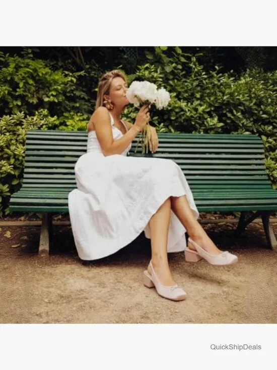 Satin Slingback Heels with Bow Square Toe Chunky Block Heels - Picture 2 of 7